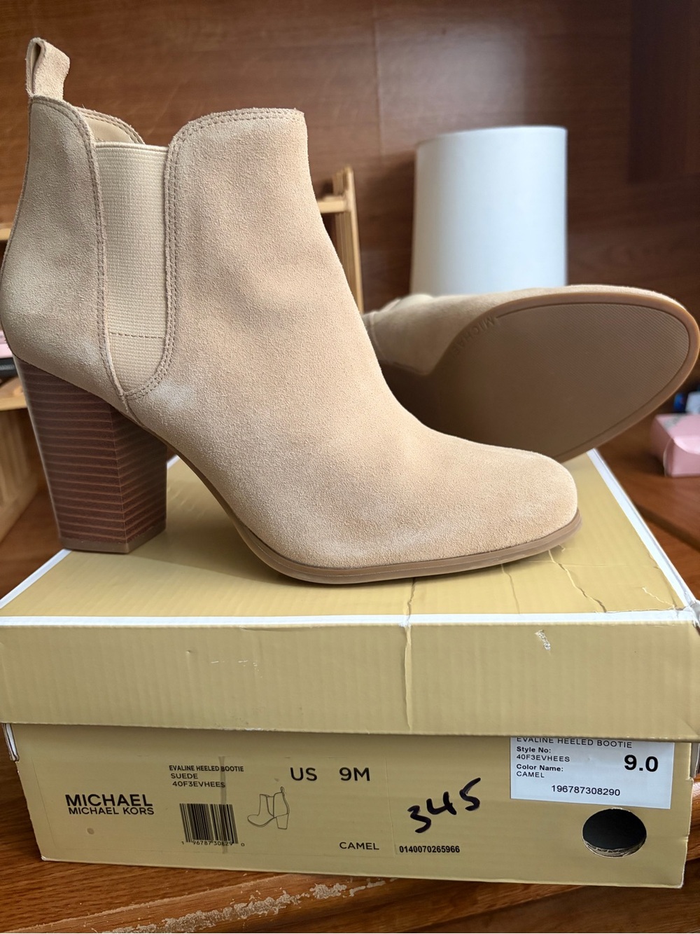 Michael Kors Camel Suede Stacked Heel Ankle Booties